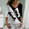 Black and White Butterfly Print Women Tshirts Ladies Tops Long Sleeve V-neck Pullover Femme T-shirts T Shirt For Women