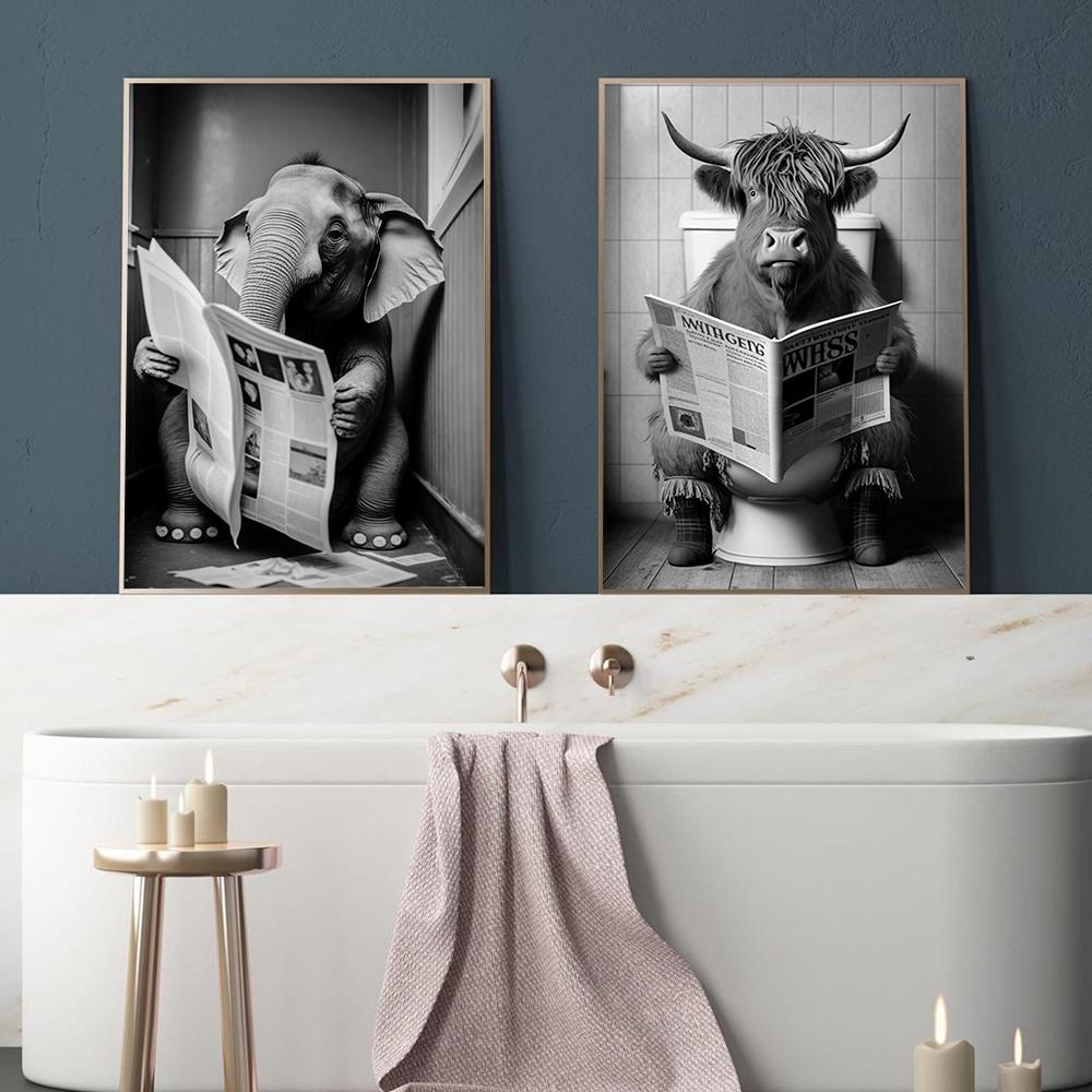 Милая обезьяна, художественная стена в ванной комнате, забавные принты плакатов, туалетный юмор, полет животных, чтение, холст, картина, детская комната, туалет, домашний декор