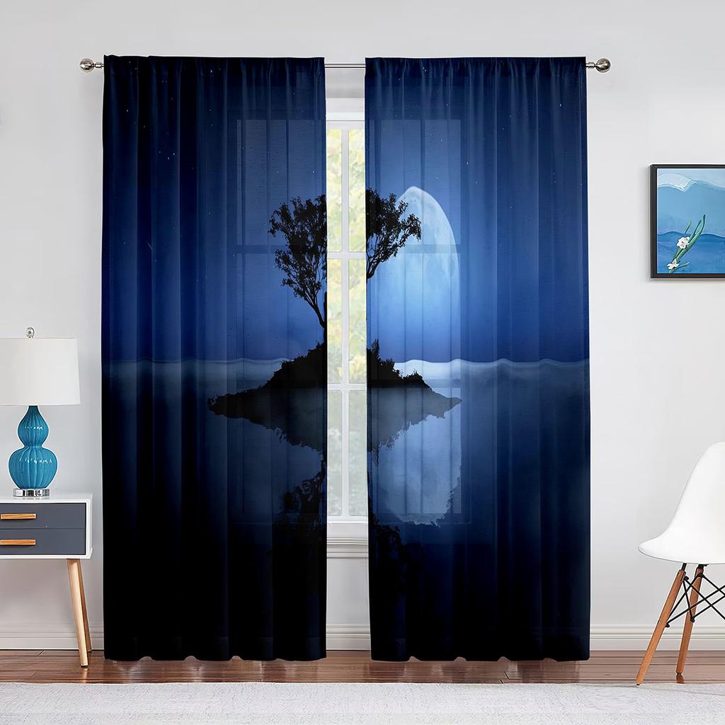 Тюлевые шторы с полной луной, фантазией, звездным небом, ночной сценой, для гостиной, спальни, кухни, декор, прозрачная вуаль, занавески из органзы