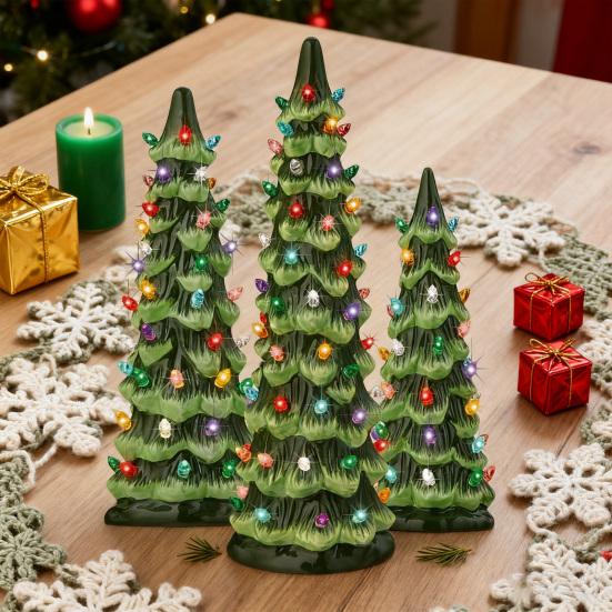 Pre-Lit Hand-Painted Resin Tabletop Christmas Tree Small Light Up Holiday Tree Decoration
