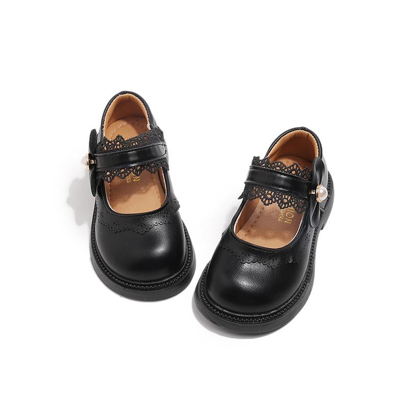 Girls' leather shoes, new spring/autumn styles, soft-soled flats for children, princess shoes for girls, medium and large sizes, black performance