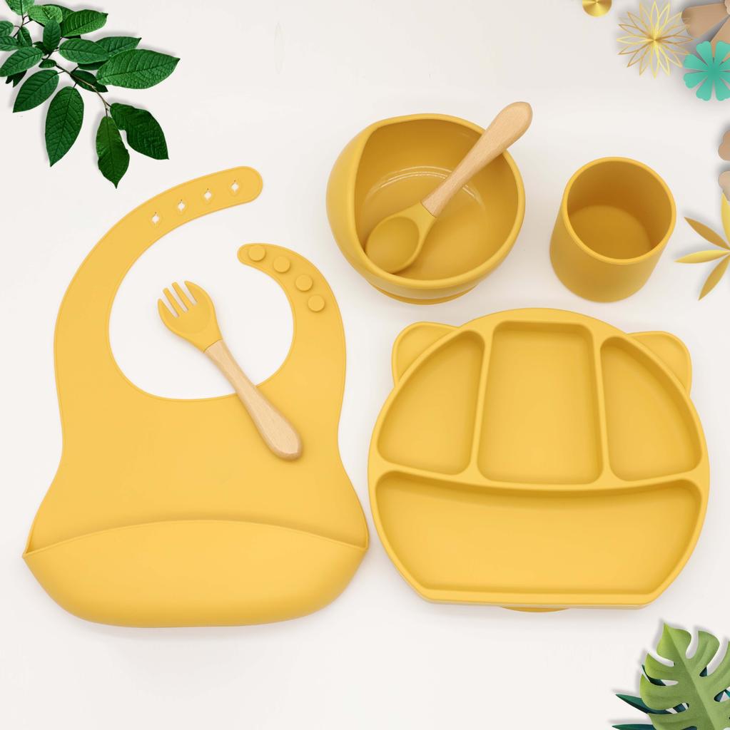 6PCS BPA Free Baby Silicone Tableware Bib Flexible Solid Color Sucker Bowl Spoon Fork for Children Learning Feeding Flatware