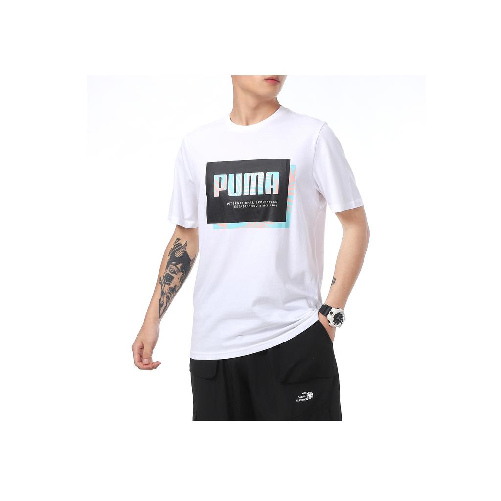 Puma Спортивная футболка с круглым вырезом и коротким рукавом с цветным логотипом и принтом в виде блока, мужские топы, белая 845864-52