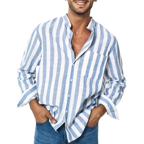 Men Shirt Long Sleeve Stand Collar Loose High Elasticity Casual Dress-up Stripe Printing Striped Shirts Casual Linen Buckle Top for Dating