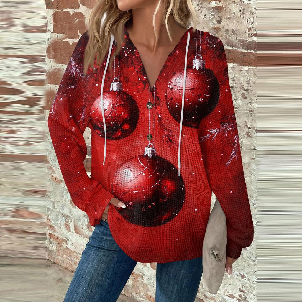 Женская мода с длинным рукавом, завязками на шнурке, капюшоном, пуговицами, V-образным вырезом, повседневная толстовка с капюшоном и рождественским принтом