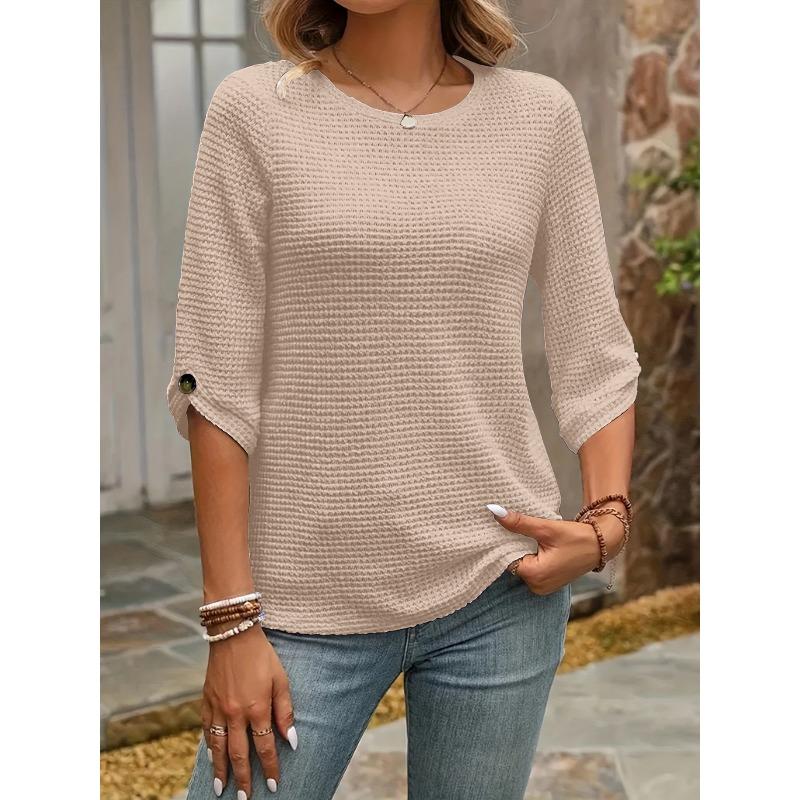 VEZFAA Женские модные повседневные летние весенние однотонные блузки и рубашки с круглым вырезом и рукавами 1/2 с принтом