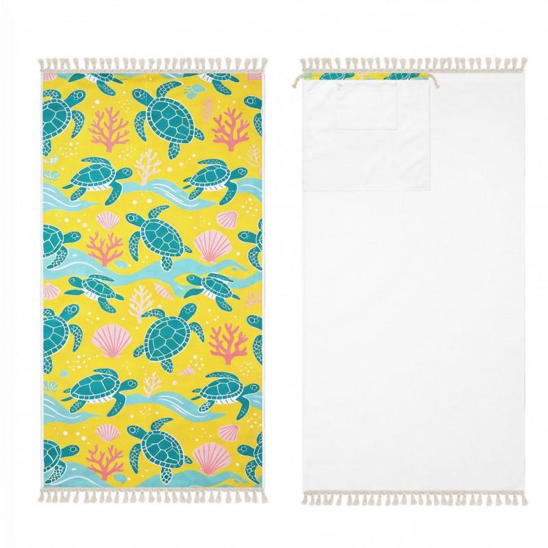 Quick-Dry Beach Towel With Sea Turtle Coral Fringe Design Foldable Portable Storage Bag Bath