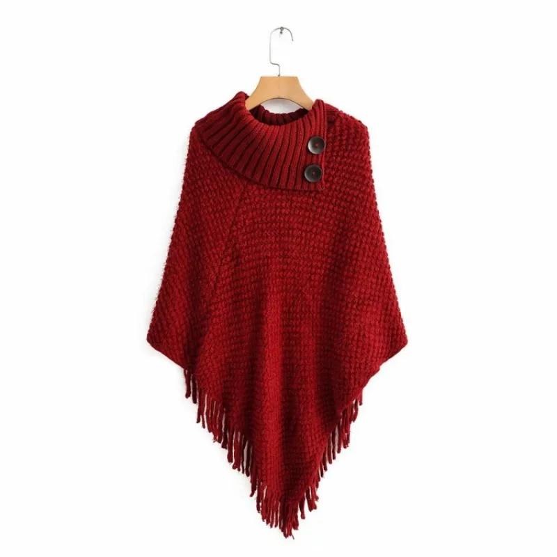Turtleneck Pullovers Tassel Knitwears Women Tops Casual Loose Knitted Sweater Women Korean Fashion Woman Cape Long Shawl Solid Winter Clothes 28271