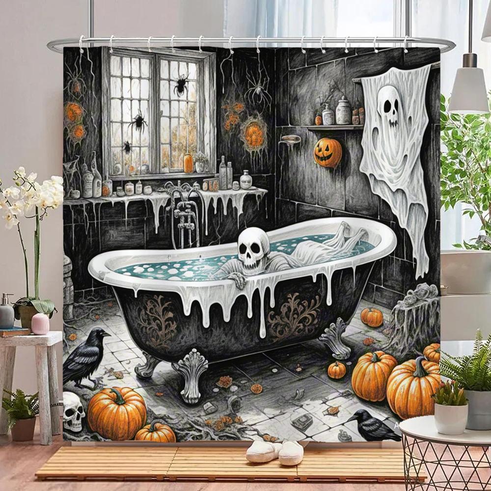 Funny Halloween Shower Curtain Waterproof Bathroom Curtain Horrible Wacky Skeleton, Ghost, Dark Style Home Decorative Curtain