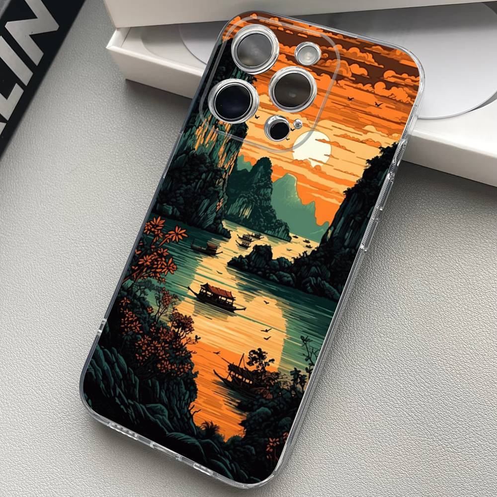 Landscape Painting Transparent Back Phone Case For iPhone 17 16 15 13 12 11 14 Pro Max Mini Plus Silicone Bumper