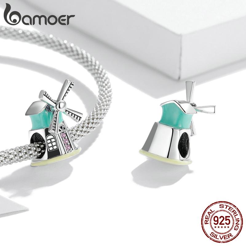 BAMOER 925 Sterling Silver Traveling Series Shine Cubic Zirconia Cute Pink Car & Windmill House Love & Heart Cable Car Charm Beads