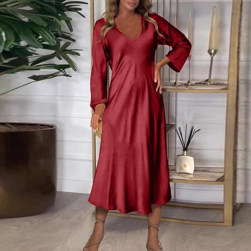 Women's Fashionable Solid Color V Neck Long Sleeved Sexy Jumpsuit A Line Long Dress