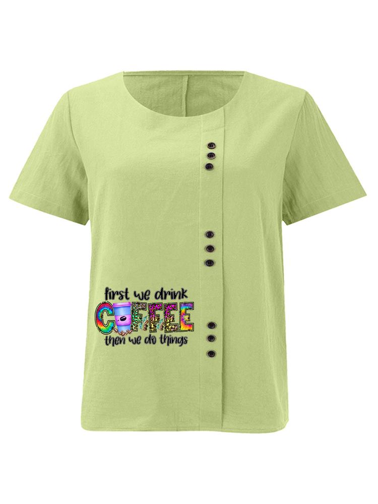Women's Fashion Coffee Alphabet Print Printing Shot Sleeve T-shirt Loose Cotton Shirt Casual Loose Summer Plus Size Blouse Tops
