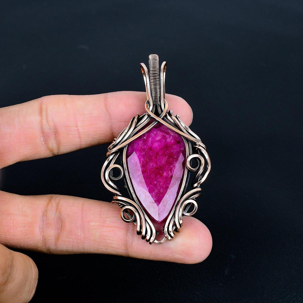 Ruby 999 Copper Wire Wrapped Pendant, Handmade Gemstone Pendant Jewelry, Gifts For Wife Brand New Pendant
