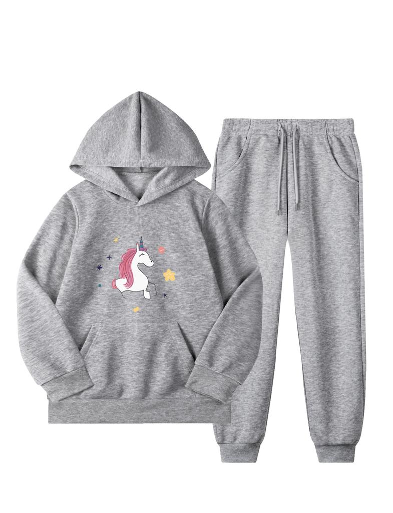 Новый модный комплект из 2 предметов для девочек, свитер с капюшоном и спортивные штаны с принтом мультяшного единорога, повседневная теплая спортивная одежда на флисовой подкладке для осени/зимы