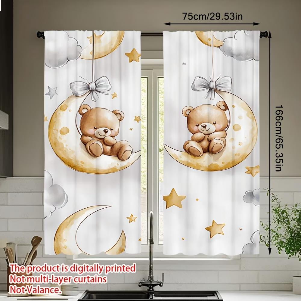 2PCS Digital Printing Curtains with Cartoon Teddy Bear on Moon, Stars Clouds Bows Pattern, Watercolor Kids Bedroom Decor Style