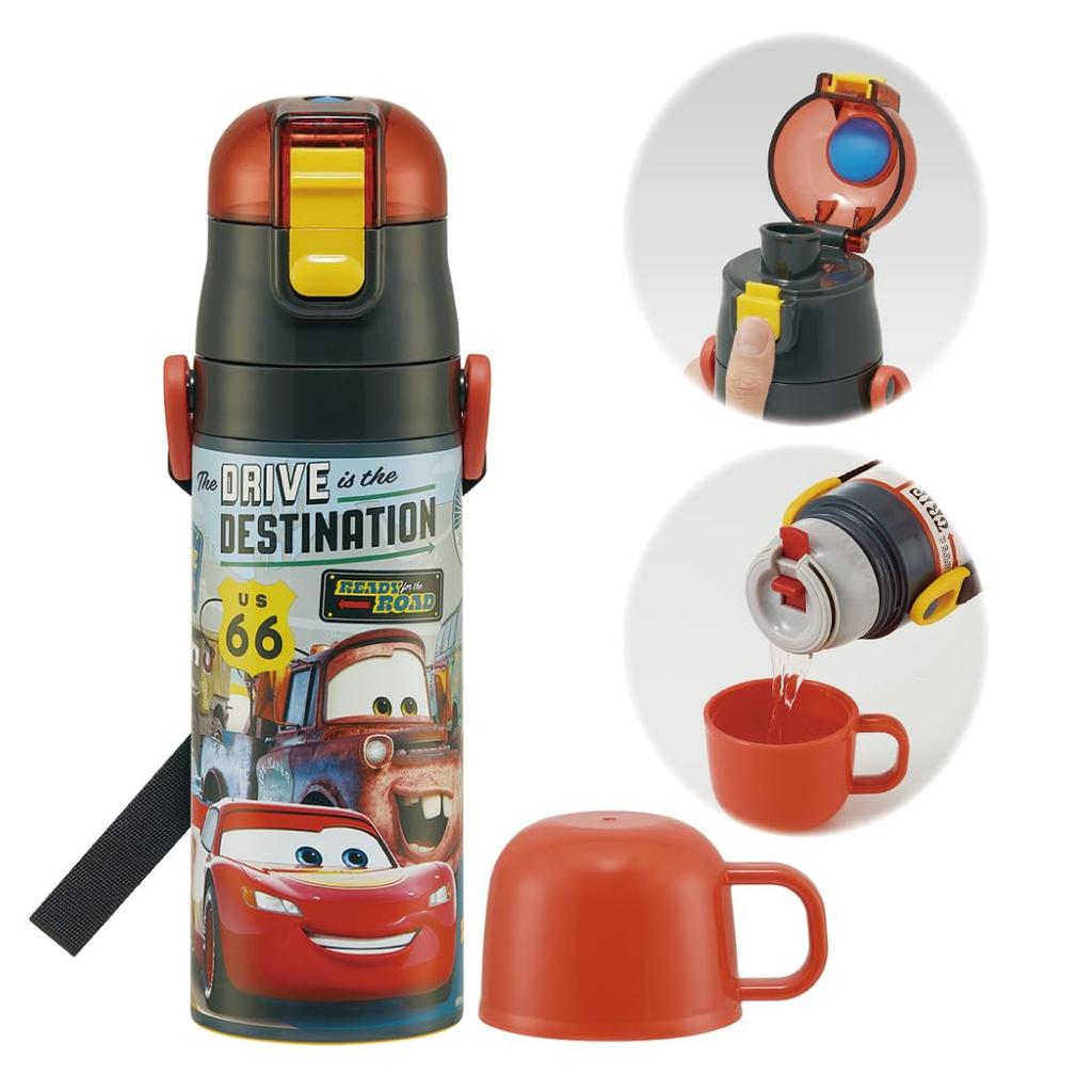 Skater Children's Water Bottle, 2-Way, 470ml (Direct Drink) or 430ml (Cup), Disney Cars 24, Boys, Stainless Steel, Insulated, Lightweight, Sports