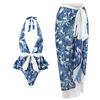 New One-piece Swim Strap Suit for Women Tight Retro Printed Swimsuit Chiffon Long Skirt Suit