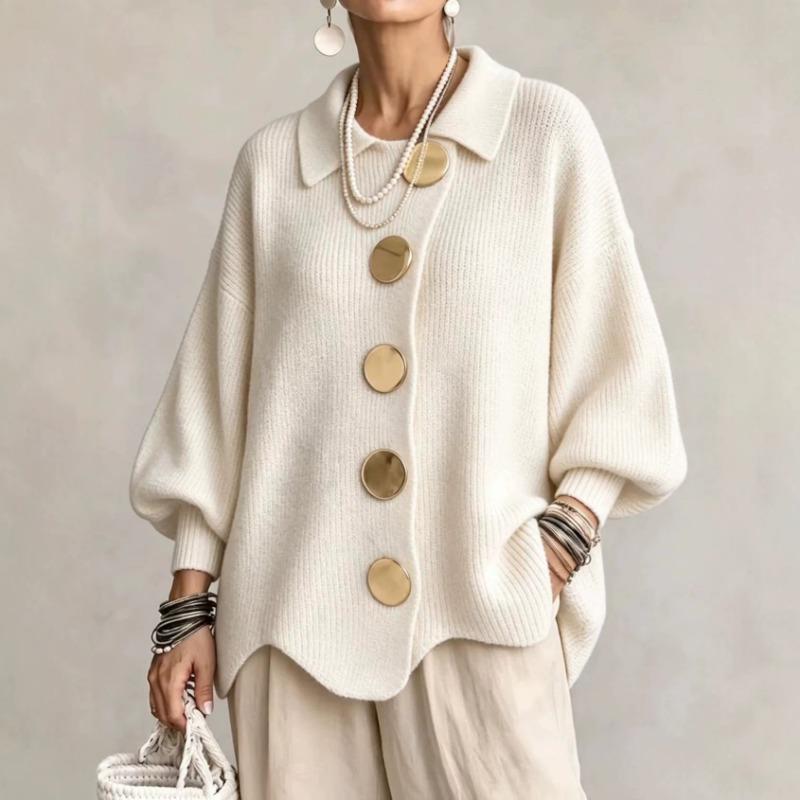 Women Turn Down Collar Long Sleeve Thick Knit Sweater Casual Loose Outerwear Top For Ladies