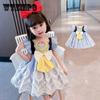 Летнее синее платье для девочек, платье принцессы в стиле Лолиты, детское платье феи, вечернее платье-пачка, милое кружевное платье трапециевидной формы с вышивкой на талии и бантом