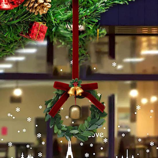 Christmas Bell Wreath Hanging Ornament Mini PVC Garland with Red Bow Xmas Tree Decor