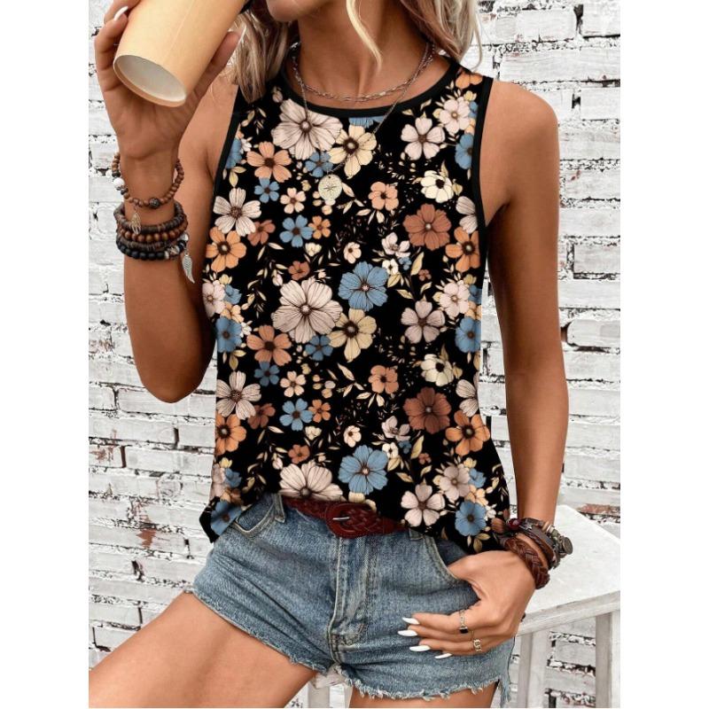Цветочный принт 3D майки женские с круглым вырезом в винтажном стиле повседневный жилет с открытыми плечами Y2k топ без рукавов майка женская одежда