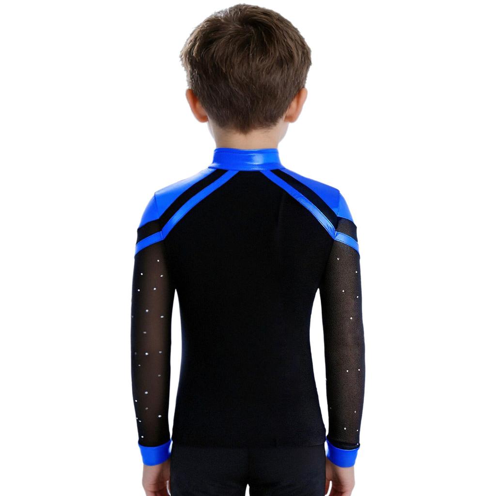 Boys Skating Performance Top: V-Neck Long Sleeve Rhinestone Color Block with Split Hem for Competition Costume
