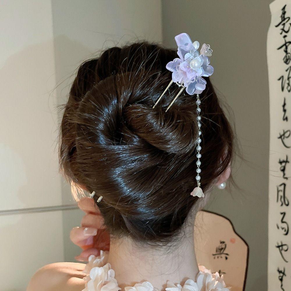 Exquisite Flowers Pearl Tassel Hairpin Fashion Flower Headdress Ancient Style Hair Stick  Hanfu