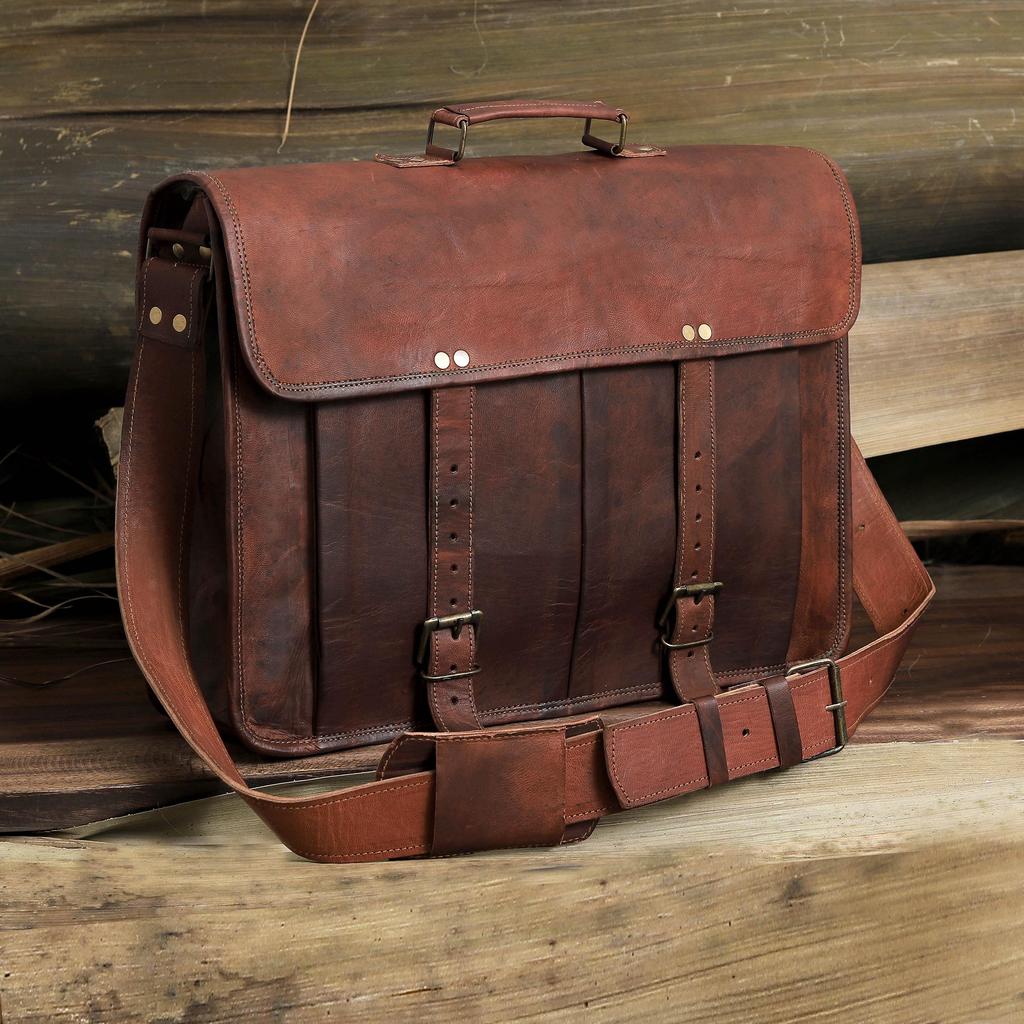 Handmade Goat Leather Messenger Bag: 18-inch Laptop Satchel