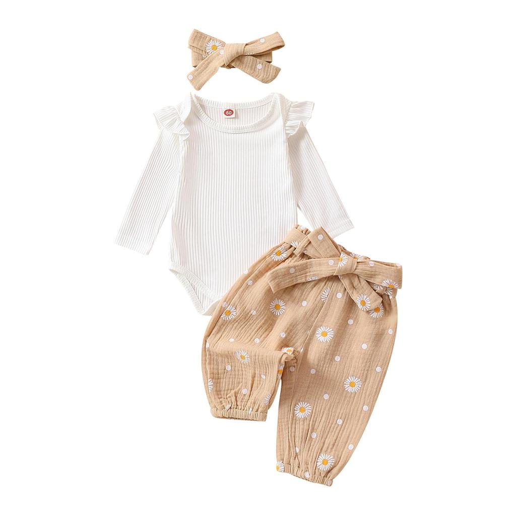 Baby Girls 3PCS Pants Sets White Long Sleeve Ruffle Romper Daisy Print Belted Pants Headband Sets