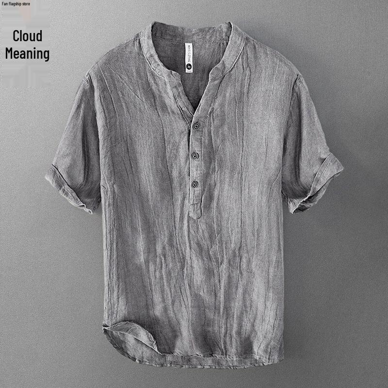 Мужская летняя льняная футболка с V-образным вырезом - Короткий рукав, Свободный крой, Ретро китайский стиль