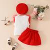 Повседневный модный комплект для девочек, летний детский милый топ без рукавов + юбка с бантом + берет, комплект из трех предметов