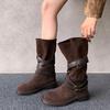 Pleated Buckle Knight Boots for Women Autumn New Faux Suede Brown Mid-calf Boots Woman Slip-On Thick Heel Booties Botas De Mujer