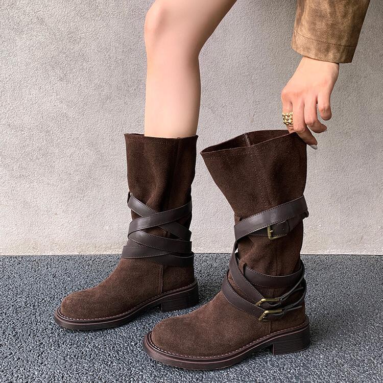 Pleated Buckle Knight Boots for Women Autumn New Faux Suede Brown Mid-calf Boots Woman Slip-On Thick Heel Booties Botas De Mujer