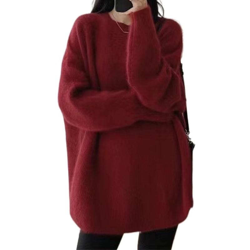 IHUASU Wool Pullover Jumper Women's Autumn and Winter Outer Wear In The Long Section of Lazy Open Knit Sweater