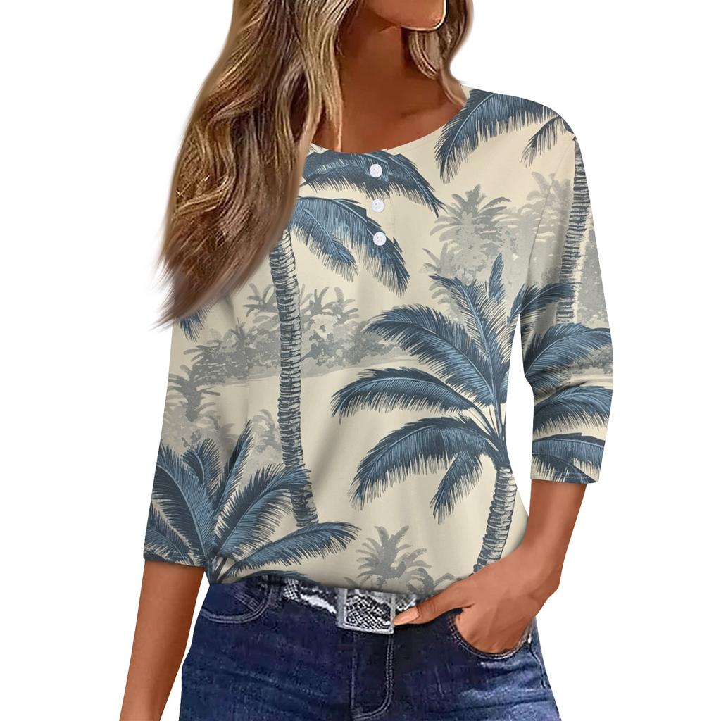 Women's T Shirt Tee Print Button 3/4 SleeveDaily Weekend Fashion Basic V- Neck Regular Top