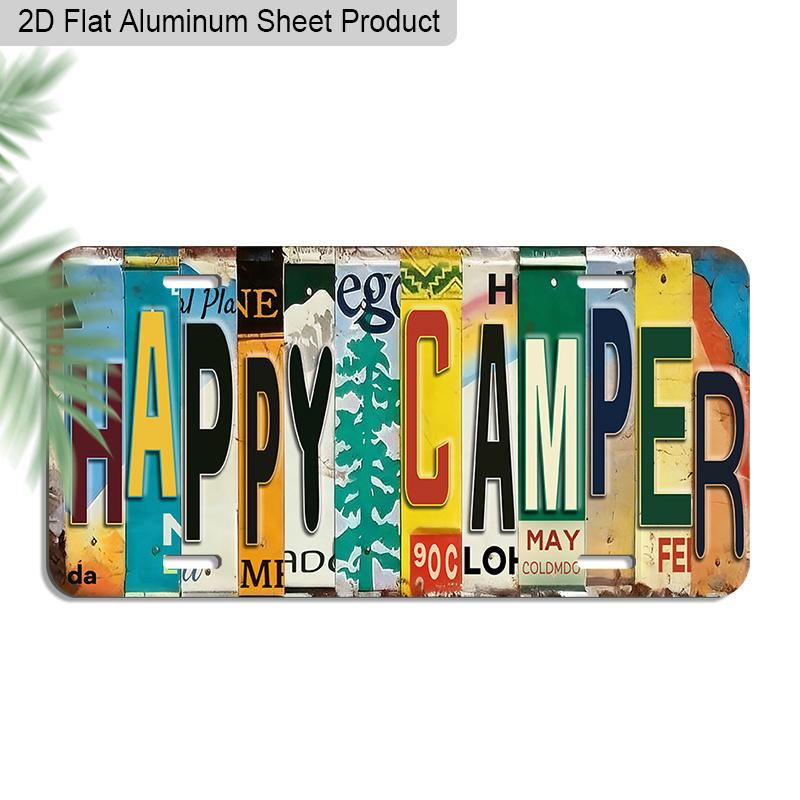 2D Flat, 1pc "HAPPY CAMPER" License Plate Style Aluminum Sign, 12''x6'' Colorful Retro Wall Decor, Perfect for Camper, Cabin & Outdoor Themed