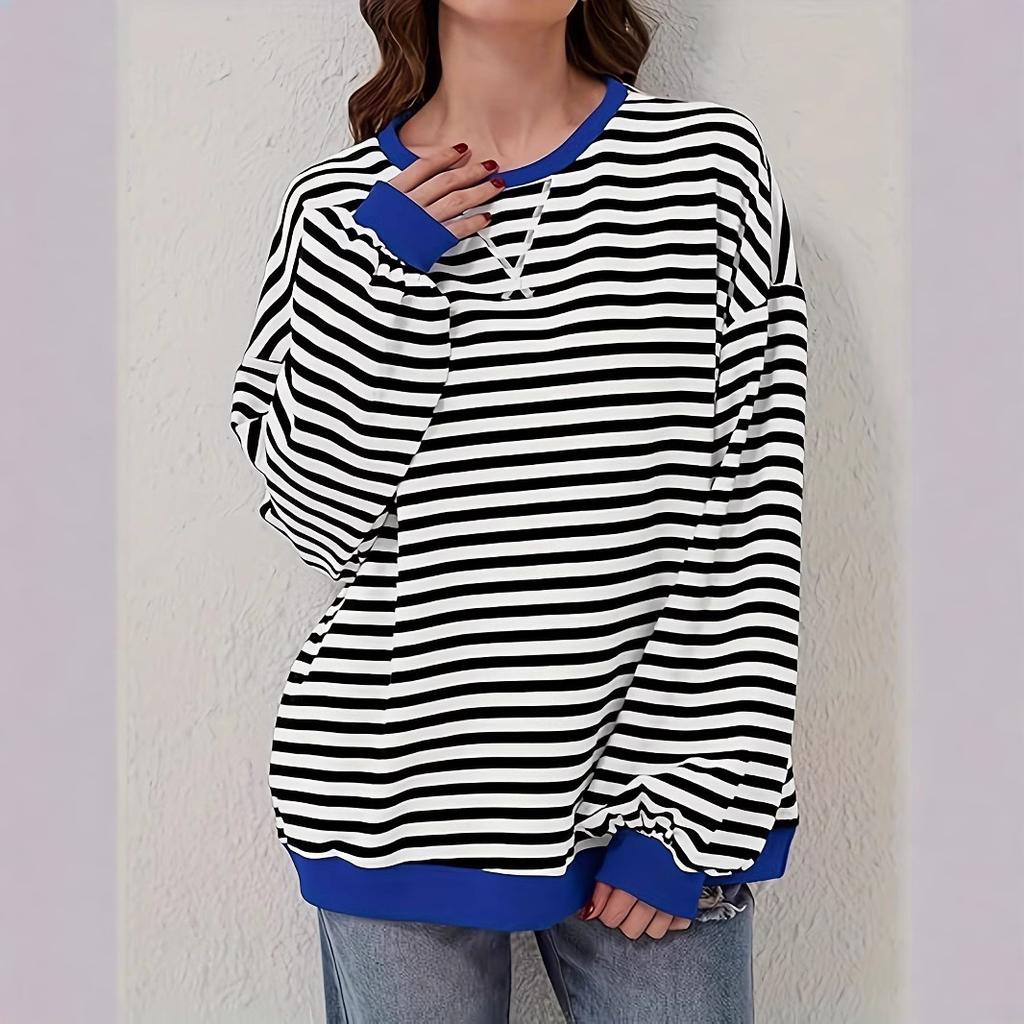 Женская повседневная футболка с круглым вырезом и длинным рукавом в полоску