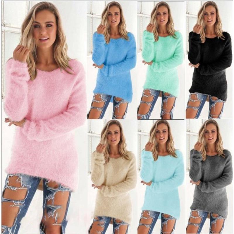 Autumn Winter Women Warm Sweater Solid Color Long Sleeved Sweater Round Neck Loose Cotton Knitted Pullover Long Sweater Casual Oversize Blouse Ladies