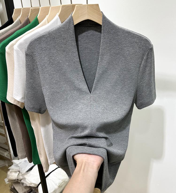 Модная футболка с V-образным вырезом, с короткими рукавами, женская летняя новинка, облегающий топ с рукавами до локтя