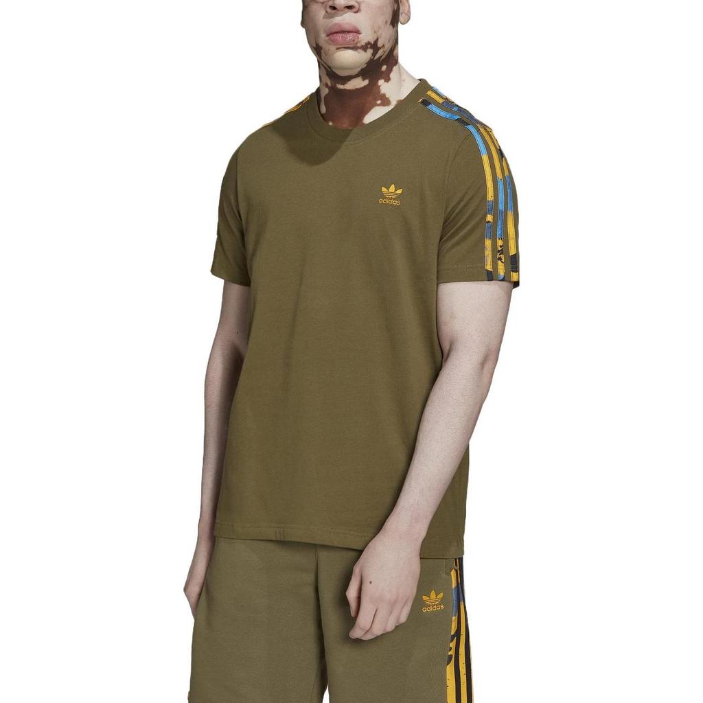 adidas Оригинальная полосатая дышащая футболка с круглым вырезом и коротким рукавом, мужские топы, оливковый цвет HK2797