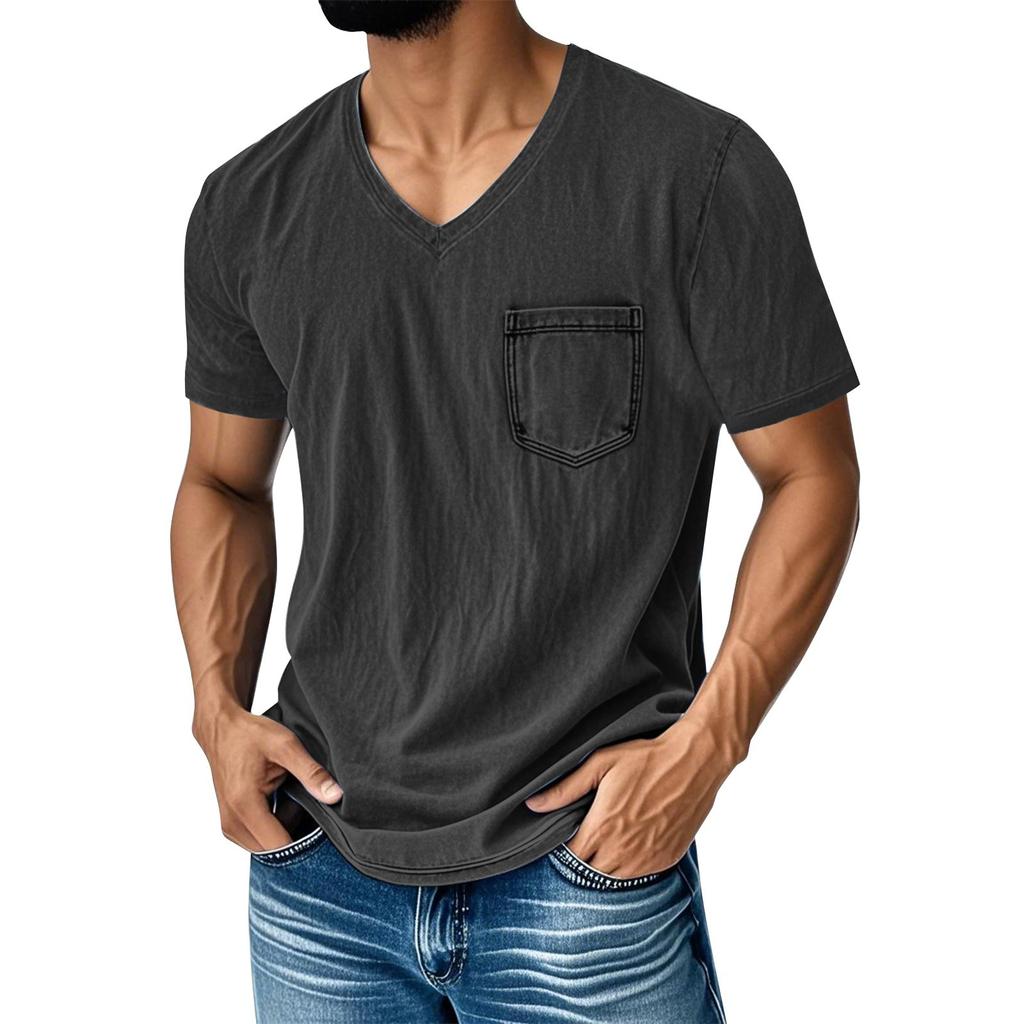 Men's Summer Solid Color V-Neck Loose Pocket Short Sleeve Top