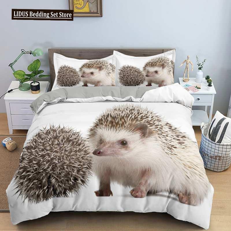 Hedgehog Bedding Set Cute Kawaii Wildlife Comforter Cover With Pillowcases For Kids Boys Girl Polyester Bedding Set King Size