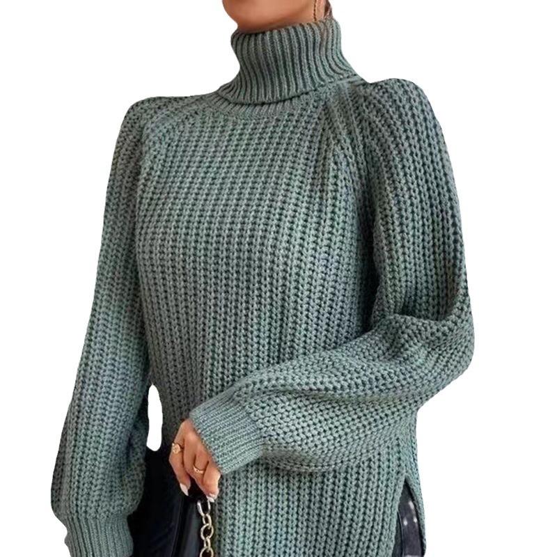 Осенне-зимний женский свитер с боковыми разрезами по низу, утепленный, мягкий и удобный женский пуловер, однотонный термовязаный свитер, трикотажная рубашка с высоким воротником