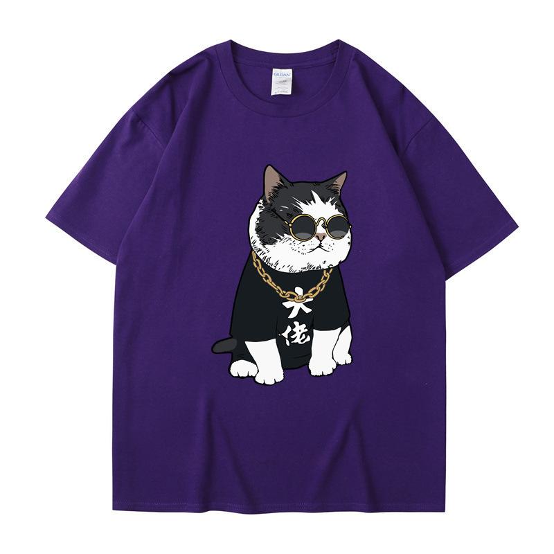 Летняя футболка с круглым вырезом, мультяшным милым принтом кота-босса, модная, повседневная, из чистого хлопка, с коротким рукавом, унисекс для мужчин и женщин