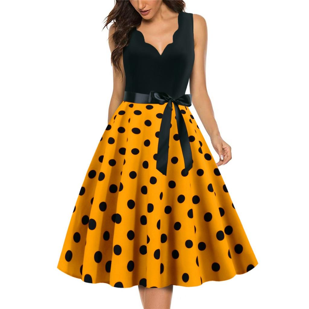 Women's Fashion Retro V-neck Polka Dot Print Swing Dress
