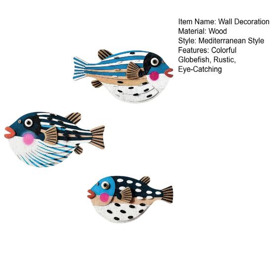 3Pcs/Set Puffer Wall Decoration Cute Decorative Wooden Globefish Rustic Cartoon Puffer Fish Wall Art Ornament for Living Room Bedroom Dining Room