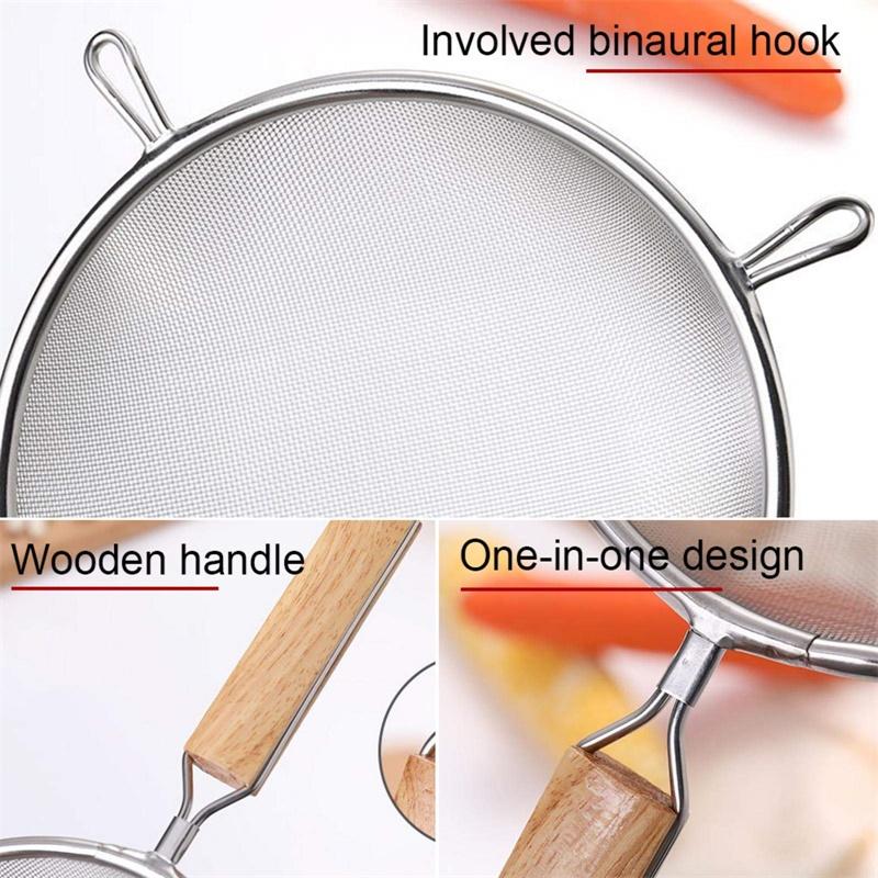 Деревянная ручка из нержавеющей стали, мелкоячеистый фильтр для масла, многофункциональный фильтр, сетка, дуршлаг, сито для муки, кухонный инструмент для выпечки