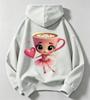 Children's hooded sweatshirt, cartoon pink coffee cup ballet-style hand-held heart-print long-sleeved fleece pullover hoodie