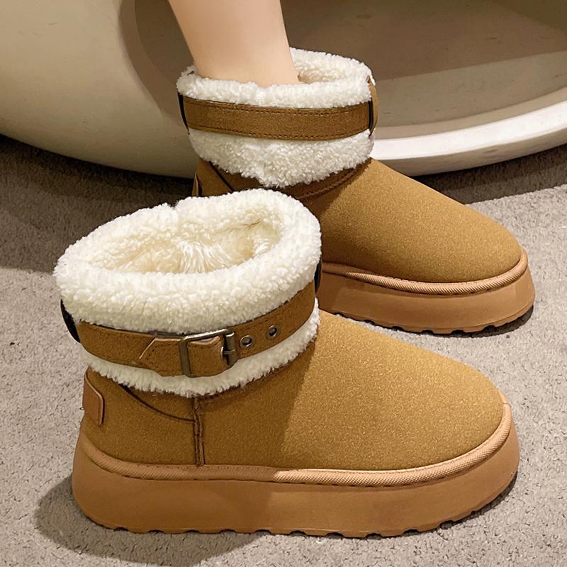 Мода Rimocy Металлическая пряжка Теплые женские сапоги Bare Boots Толстые плюшевые зимние сапоги на платформе для отдыха на открытом воздухе Повседневные пушистые короткие сапоги Femme